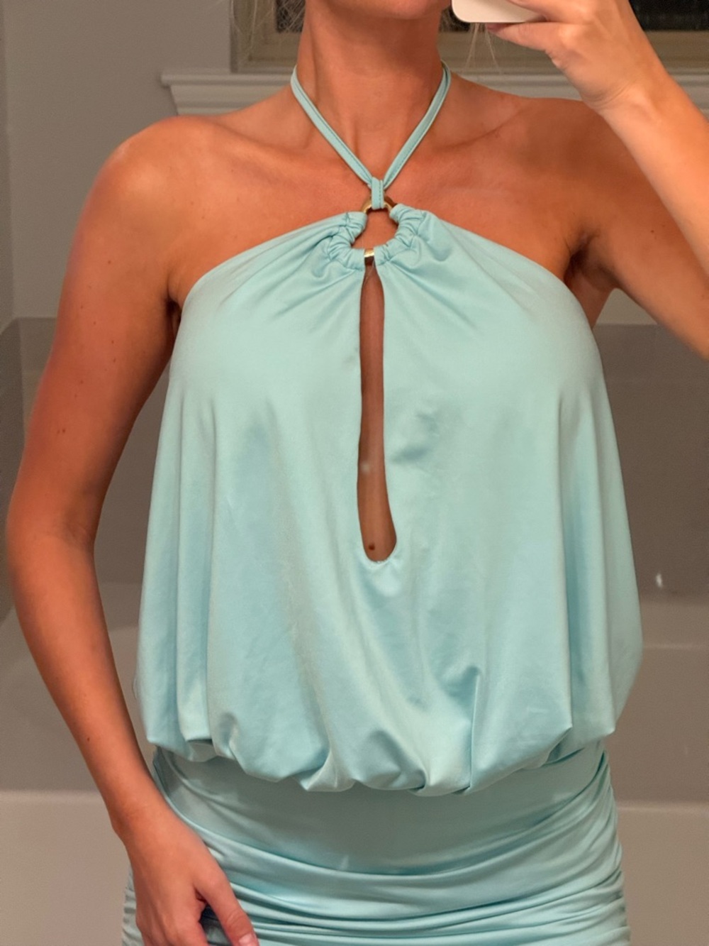 Light Aqua Halter Dress with Shorts and Keyhole Detail
